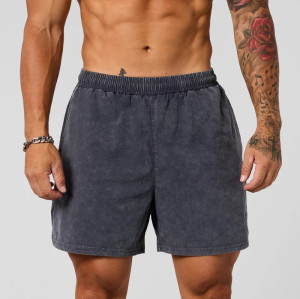 Men's elastic waist acid wash fitness shorts with side pockets