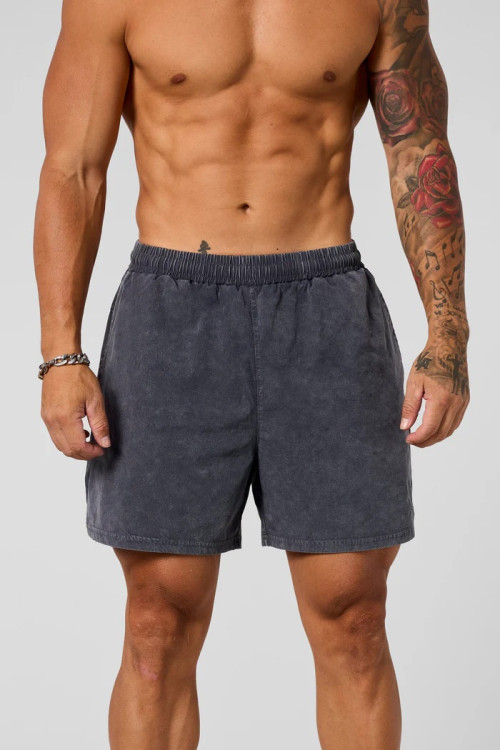 Men's elastic waist acid wash fitness shorts with side pockets