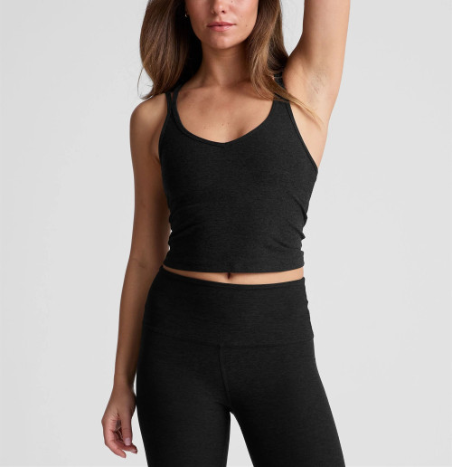 V neck strappy back sports tank moisture wicking flattering crop