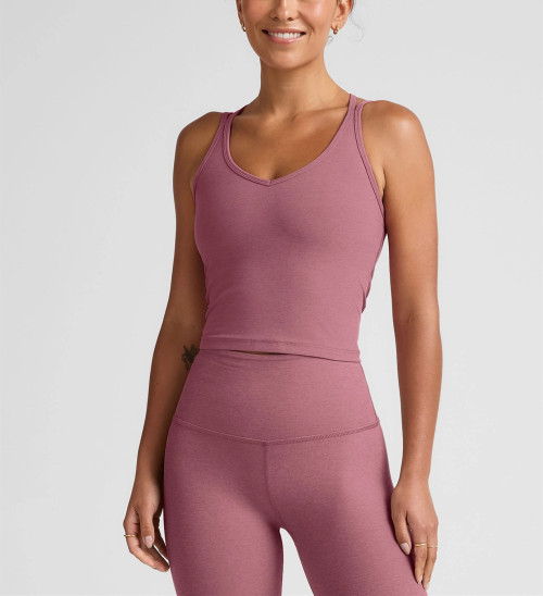 V neck strappy back sports tank moisture wicking flattering crop