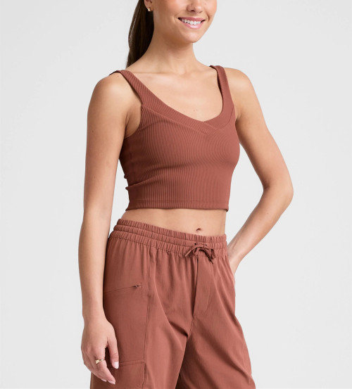 Women's ribbed v neck wide strap sports tank slim fit padded  longline crop top
