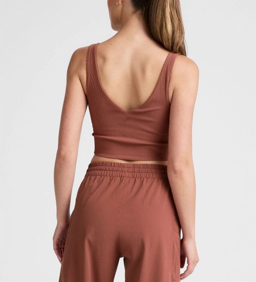 Women's ribbed v neck wide strap sports tank slim fit padded  longline crop top