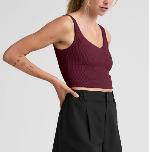 Women's ribbed v neck wide strap sports tank slim fit padded  longline crop top