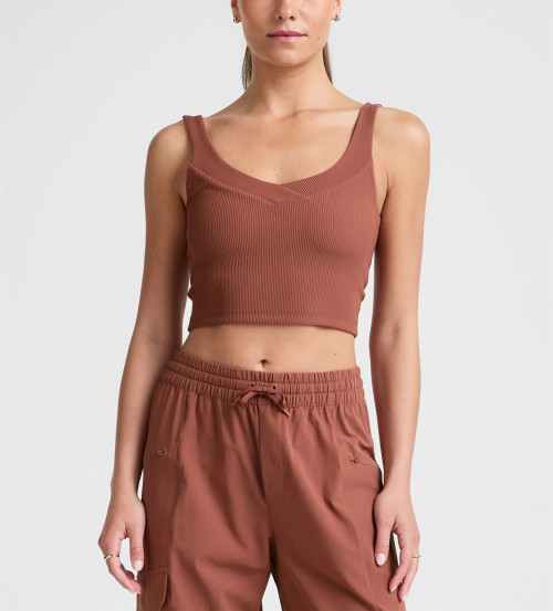 Women's ribbed v neck wide strap sports tank slim fit padded  longline crop top