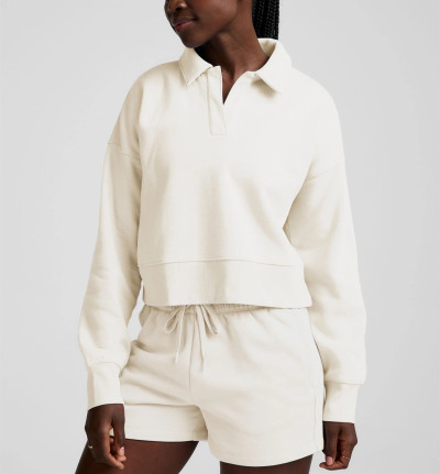 Women's polo neck cropped cotton fleece sweatshirts athleisure hoodies