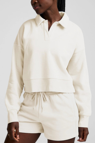 Women's polo neck cropped cotton fleece sweatshirts athleisure hoodies