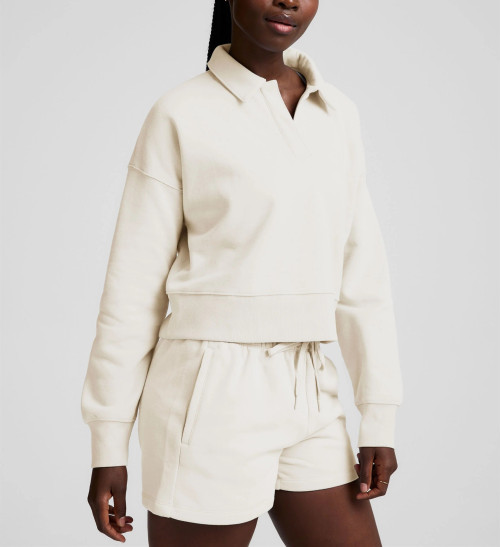 Women's polo neck cropped cotton fleece sweatshirts athleisure hoodies