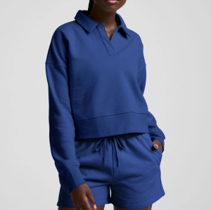 Women's polo neck cropped cotton fleece sweatshirts athleisure hoodies