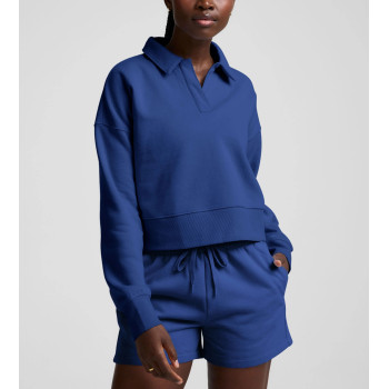 Women's polo neck cropped cotton fleece sweatshirts athleisure hoodies