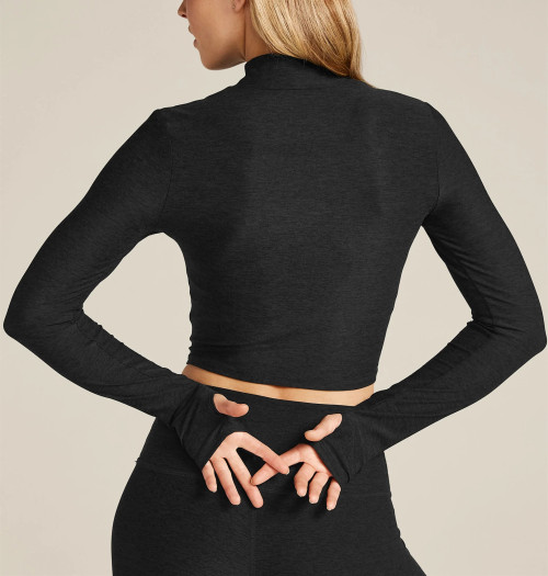 Women's long sleeve mock neck fitted sports tee  with thumb hole lightweight cropped t shirts