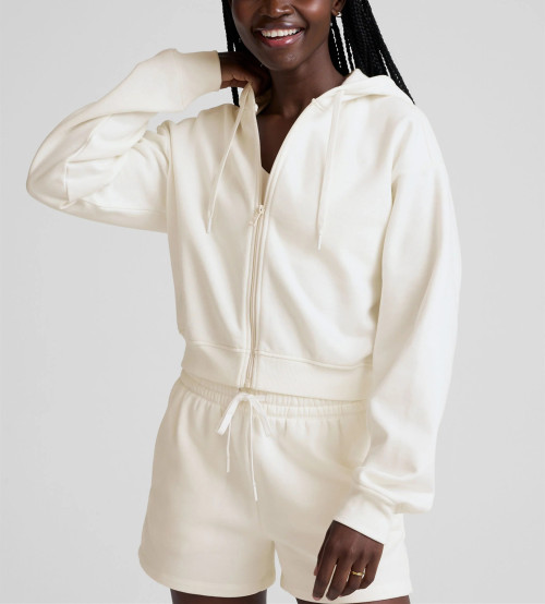 Women's relaxed fit cotton fleece zip up crop hoodies comfortable drop shoulder sweatshirts