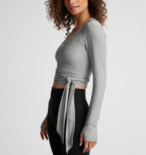Lightweight long sleeve v neck wrap top 4 ways stretchy barre top