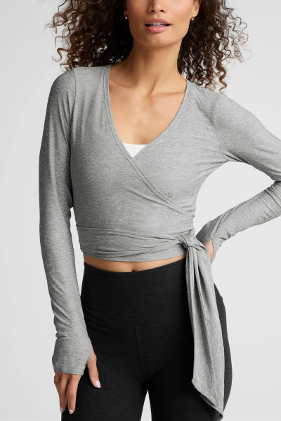 Lightweight long sleeve v neck wrap top 4 ways stretchy barre top