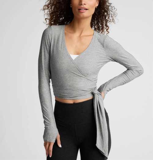 Lightweight long sleeve v neck wrap top 4 ways stretchy barre top
