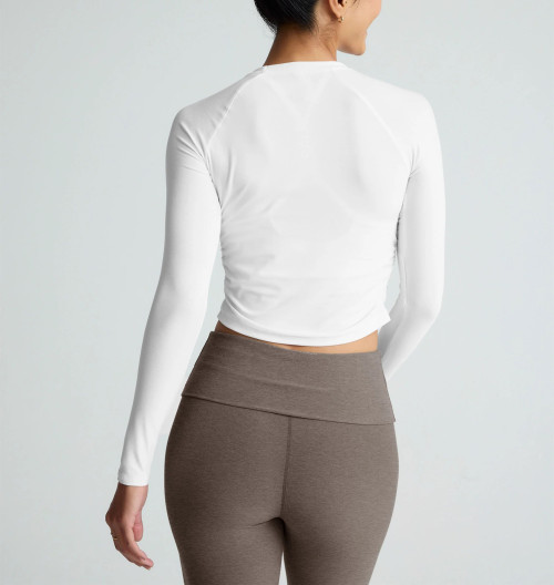 Women's long sleeve crew neck t shirts side cinched cropped gym t shirts