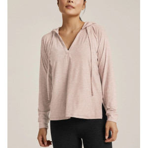 Women's light weight training hoodie with side slit relaxed fit moisture wicking long sleeve top