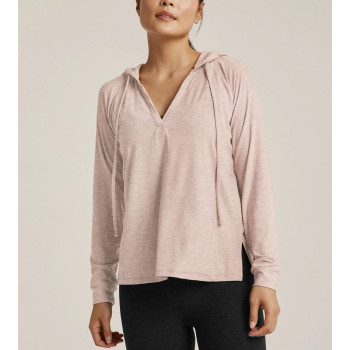 Women's light weight training hoodie with side slit relaxed fit moisture wicking long sleeve top