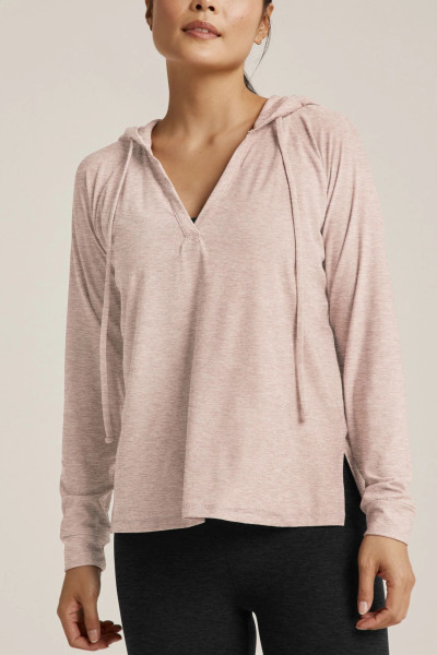 Women's light weight training hoodie with side slit relaxed fit moisture wicking long sleeve top