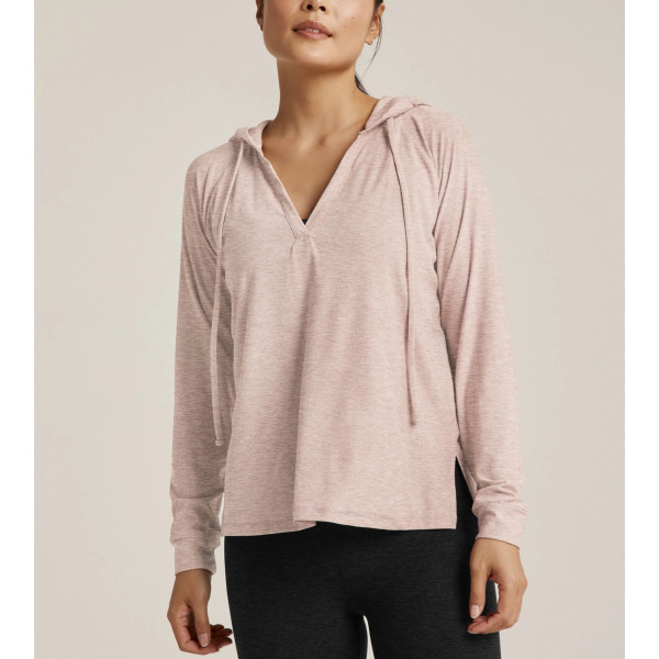 Women's light weight training hoodie with side slit relaxed fit moisture wicking long sleeve top