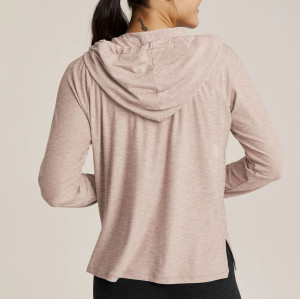 Women's light weight training hoodie with side slit relaxed fit moisture wicking long sleeve top