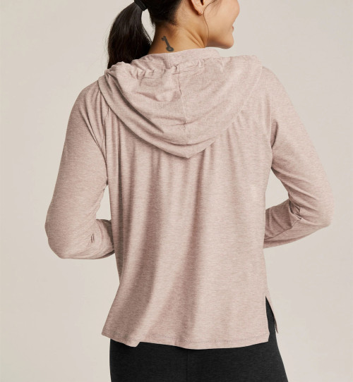 Women's light weight training hoodie with side slit relaxed fit moisture wicking long sleeve top