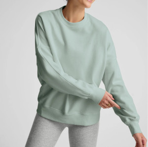 Women's crew neck oversized hip length sweatshirts drop shoulder cotton fleece pullovers