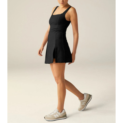 Women's square neck side slit tennis dress with built in shorts athletic fit tennis clothing