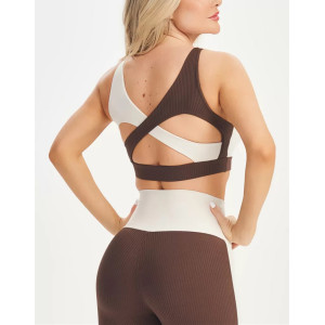 Women's scoop neck hollow back sports bra color block ribbed gym bra