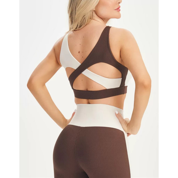 Women's scoop neck hollow back sports bra color block ribbed gym bra