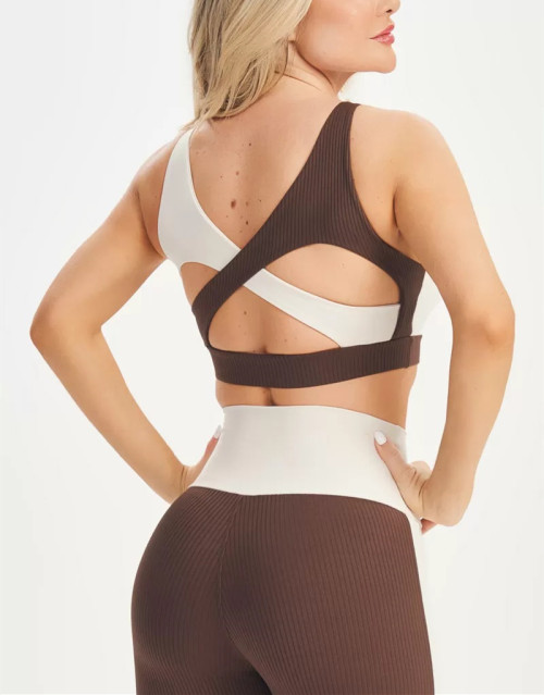 Women's scoop neck hollow back sports bra color block ribbed gym bra