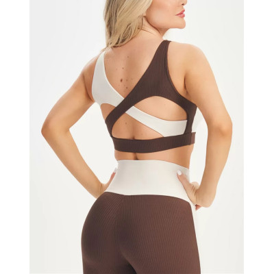 Women's scoop neck hollow back sports bra color block ribbed gym bra