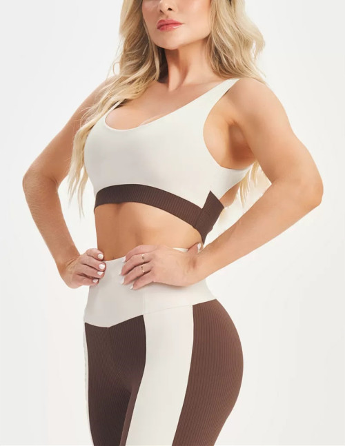 Women's scoop neck hollow back sports bra color block ribbed gym bra