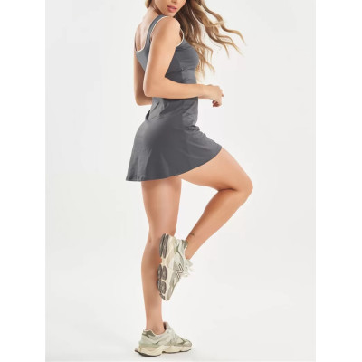 Women's square neck wide shoulder sports dress with built in shorts one piece tennis clothing