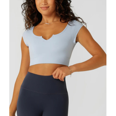 Women's cap sleeve padded fitness crop top mesh back sports bra