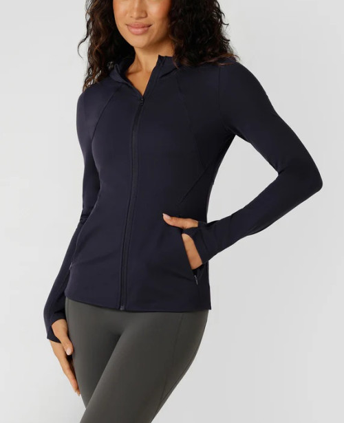 Women's buttery soft full zip jackets with hood hip length form fitting fitness jackets