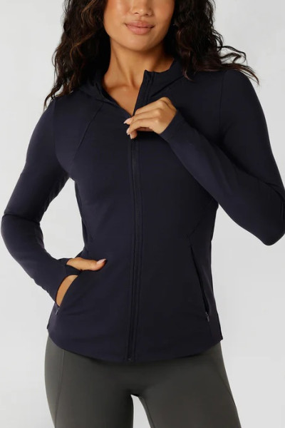 Women's buttery soft full zip jackets with hood hip length form fitting fitness jackets