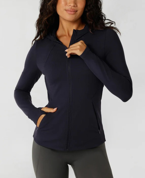 Women's buttery soft full zip jackets with hood hip length form fitting fitness jackets