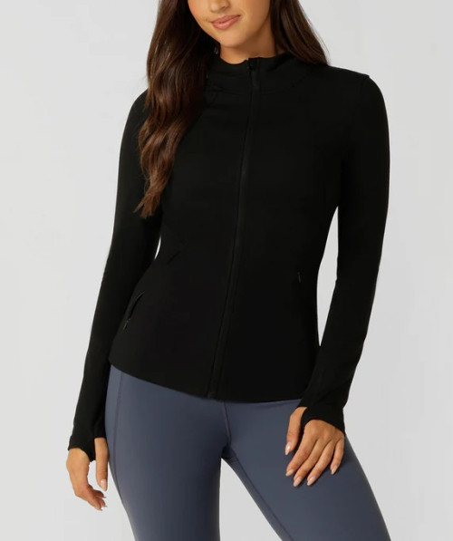 Women's buttery soft full zip jackets with hood hip length form fitting fitness jackets