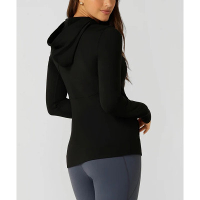 Women's buttery soft full zip jackets with hood hip length form fitting fitness jackets