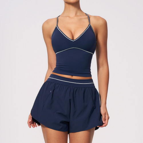 Custom Logo Women Racerback 2 Piece Yoga Set High Waist Pocket Shorts Gym Yoga Tennis Clothes