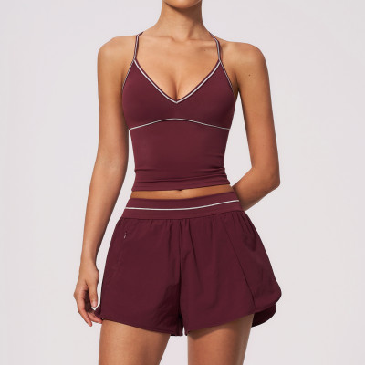 Custom Logo Women Racerback 2 Piece Yoga Set High Waist Pocket Shorts Gym Yoga Tennis Clothes