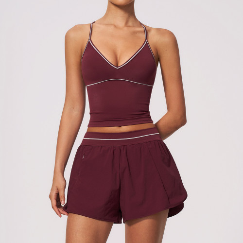 Custom Logo Women Racerback 2 Piece Yoga Set High Waist Pocket Shorts Gym Yoga Tennis Clothes