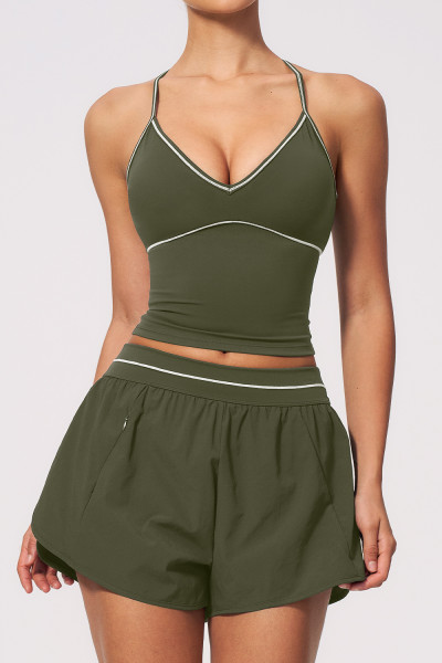 Custom Logo Women Racerback 2 Piece Yoga Set High Waist Pocket Shorts Gym Yoga Tennis Clothes