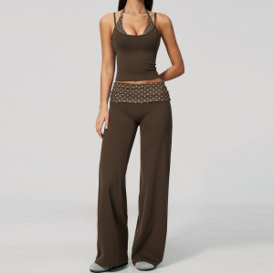 2 Piece Matching Yoga Set for Women Spaghetti Strap Crop Cami Striped Waistband Flared Pants