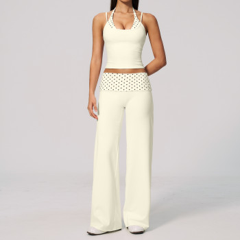 2 Piece Matching Yoga Set for Women Spaghetti Strap Crop Cami Striped Waistband Flared Pants