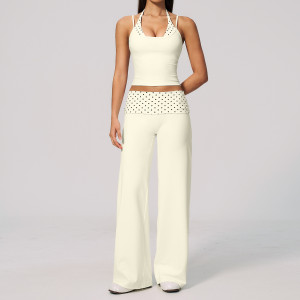 2 Piece Matching Yoga Set for Women Spaghetti Strap Crop Cami Striped Waistband Flared Pants