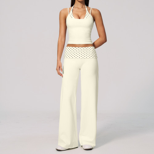 2 Piece Matching Yoga Set for Women Spaghetti Strap Crop Cami Striped Waistband Flared Pants