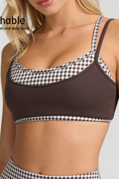 New Activewear Women 2 in 1 Plaid Patchwork Sports Bra Spaghetti Strap U Neck Yoga Bralette