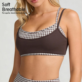 New Activewear Women 2 in 1 Plaid Patchwork Sports Bra Spaghetti Strap U Neck Yoga Bralette
