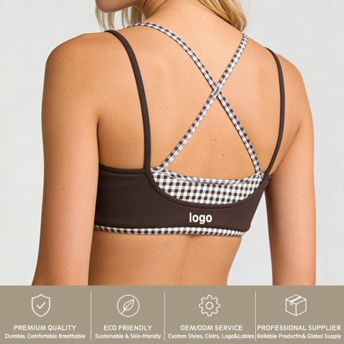 New Activewear Women 2 in 1 Plaid Patchwork Sports Bra Spaghetti Strap U Neck Yoga Bralette